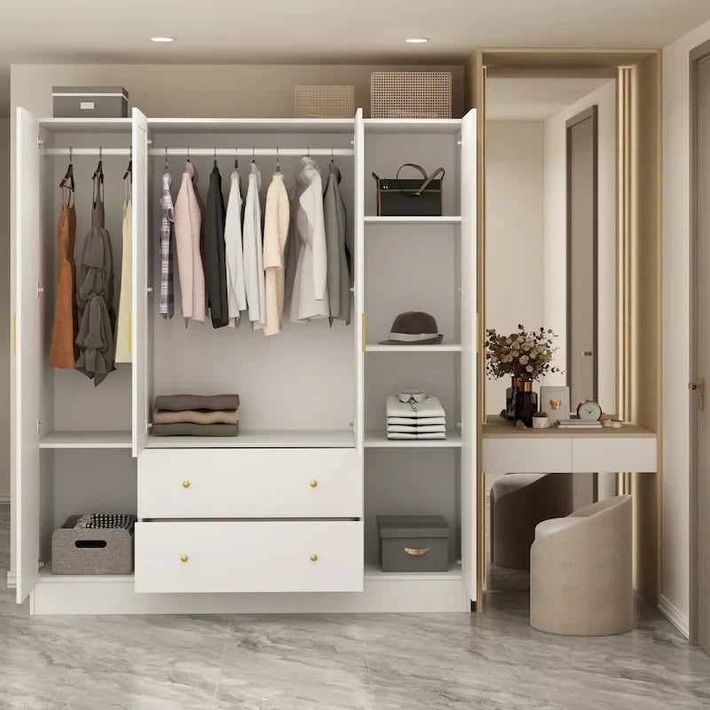 Wardrobe Armoire Wooden Closet with Mirror 4 Doors 2 Drawers