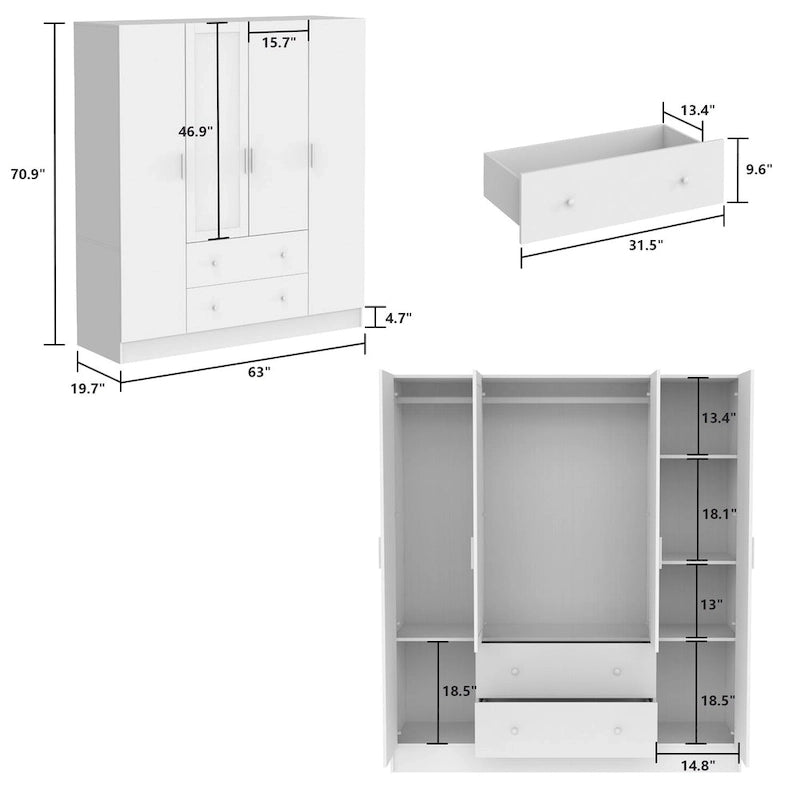 Wardrobe Armoire Wooden Closet with Mirror 4 Doors 2 Drawers