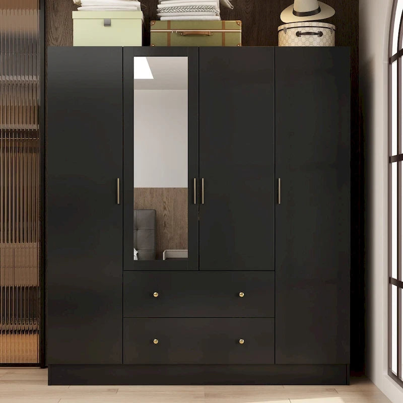 Wardrobe Armoire Wooden Closet with Mirror 4 Doors 2 Drawers
