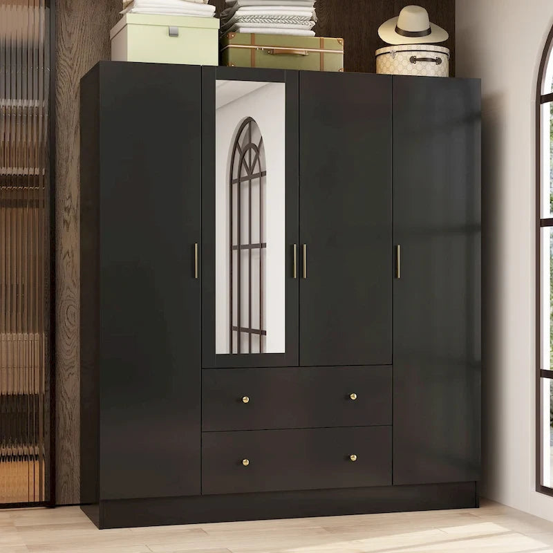 Wardrobe Armoire Wooden Closet with Mirror 4 Doors 2 Drawers