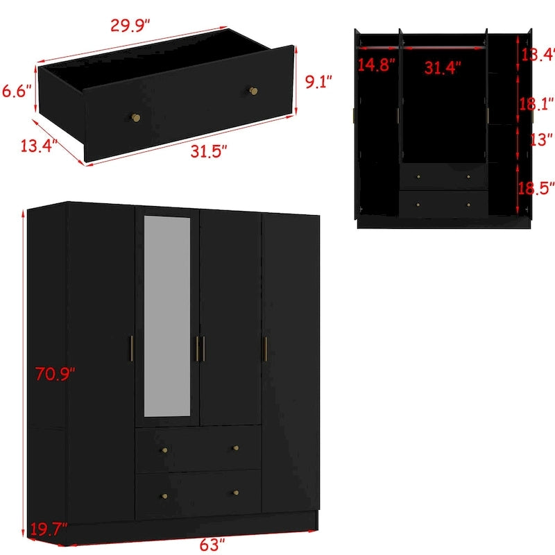 Wardrobe Armoire Wooden Closet with Mirror 4 Doors 2 Drawers