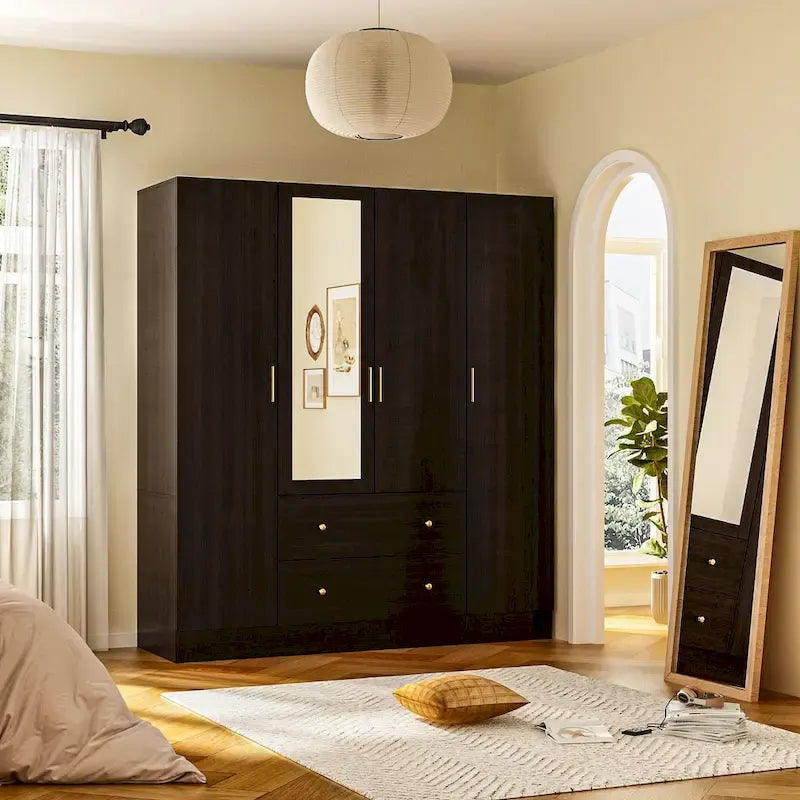 Wardrobe Armoire Wooden Closet with Mirror 4 Doors 2 Drawers