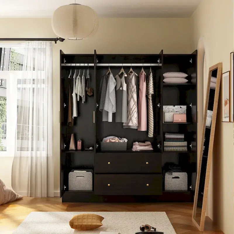 Wardrobe Armoire Wooden Closet with Mirror 4 Doors 2 Drawers