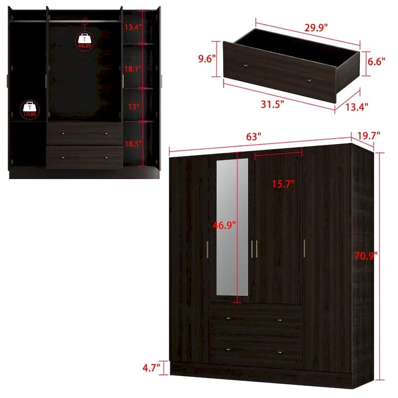 Wardrobe Armoire Wooden Closet with Mirror 4 Doors 2 Drawers