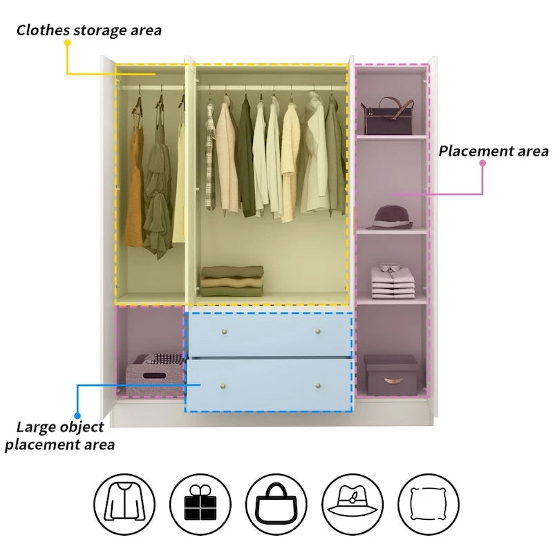 Wardrobe Armoire Wooden Closet with Mirror 4 Doors 2 Drawers