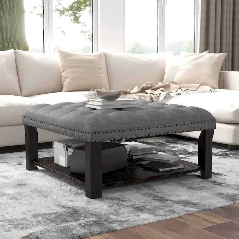 Transitional Linen Tufted Nailheads Cocktail Ottoman with Storage
