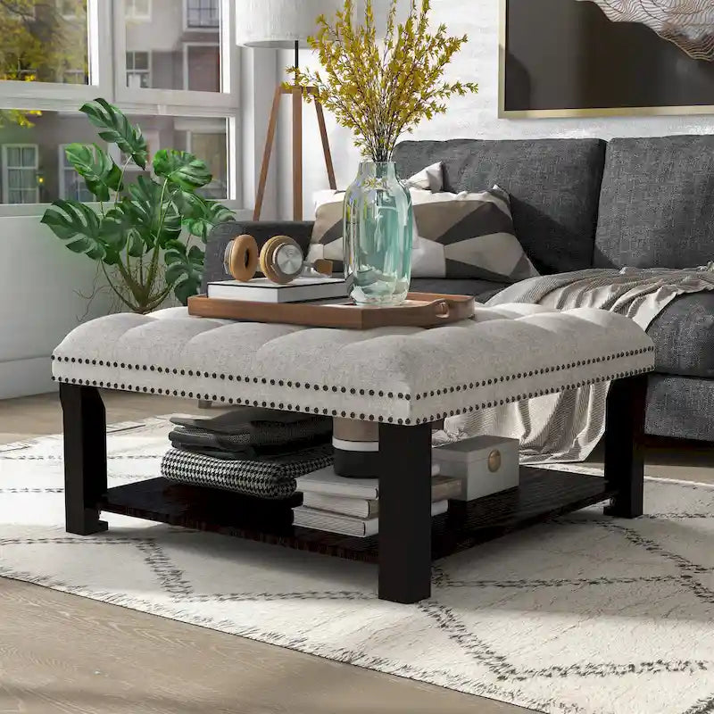 Transitional Linen Tufted Nailheads Cocktail Ottoman with Storage