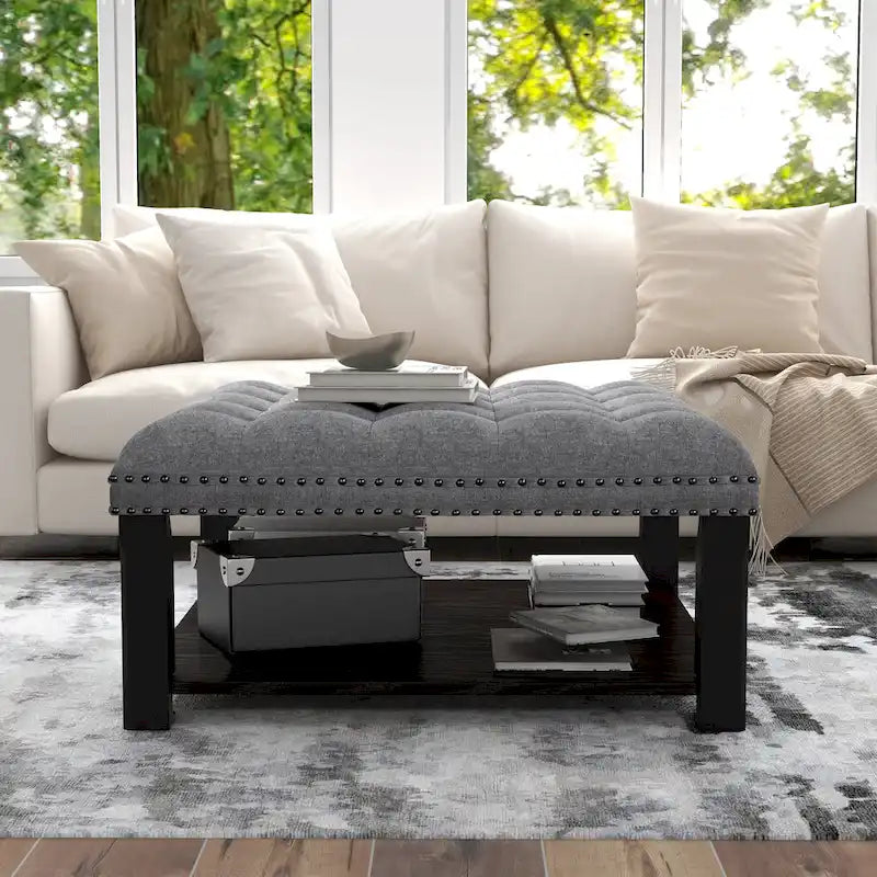Transitional Linen Tufted Nailheads Cocktail Ottoman with Storage