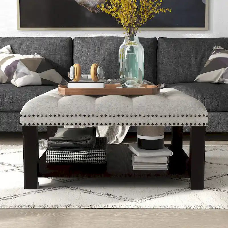 Transitional Linen Tufted Nailheads Cocktail Ottoman with Storage