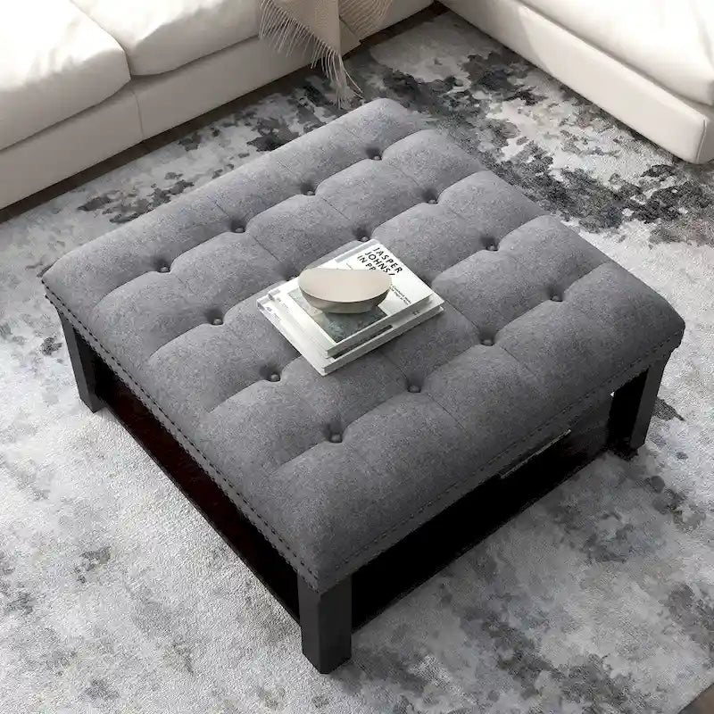 Transitional Linen Tufted Nailheads Cocktail Ottoman with Storage