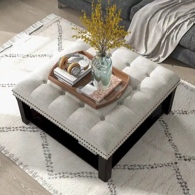 Transitional Linen Tufted Nailheads Cocktail Ottoman with Storage