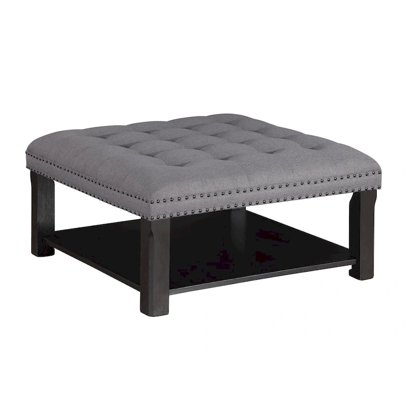 Transitional Linen Tufted Nailheads Cocktail Ottoman with Storage