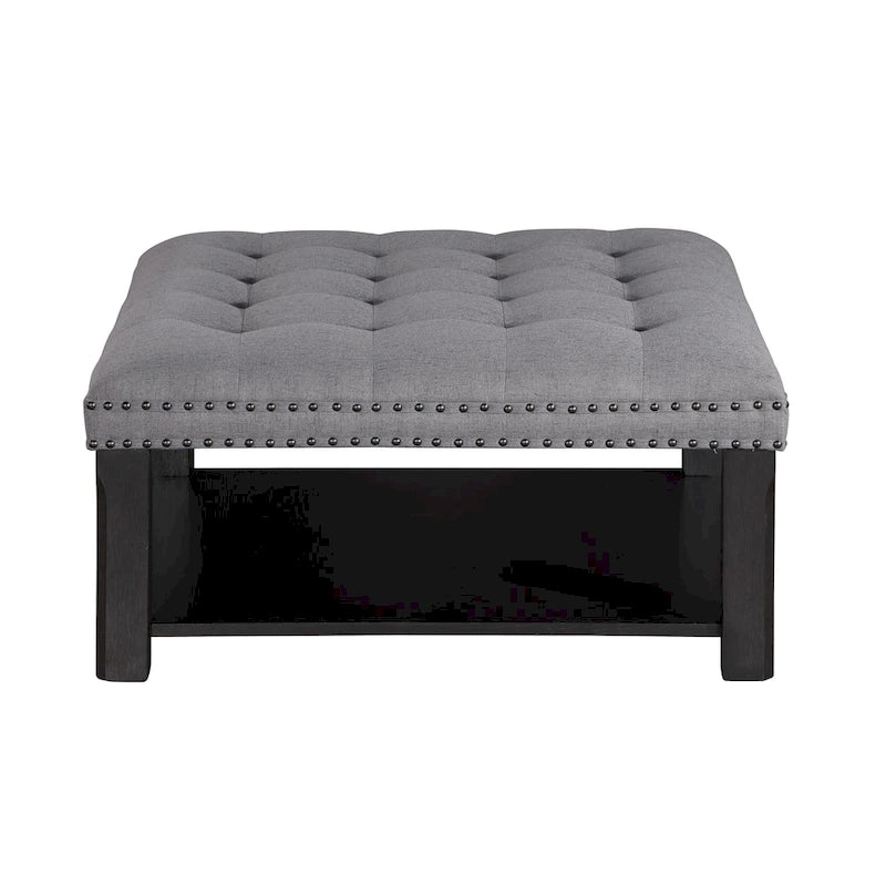 Transitional Linen Tufted Nailheads Cocktail Ottoman with Storage
