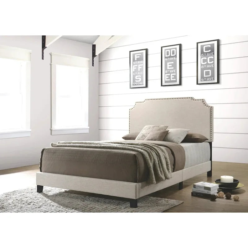 Beige Upholstered Bed with Nailhead Trim