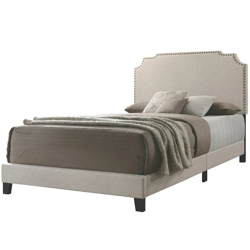 Beige Upholstered Bed with Nailhead Trim