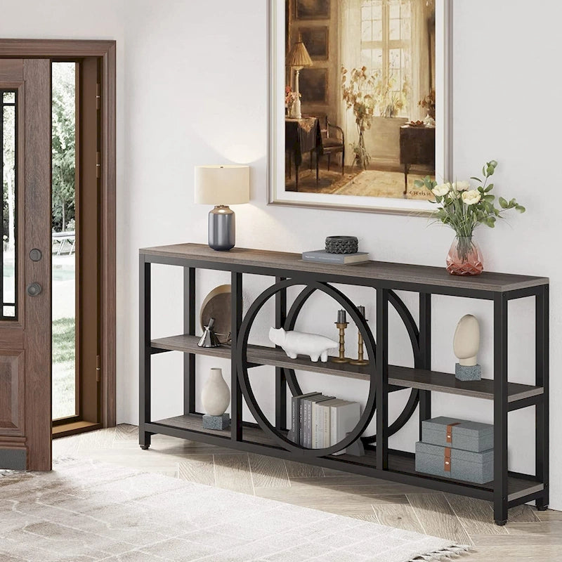 70.9 Inch Sofa Console Table with 3-Tier Wood Storage Shelves and Industrial Metal Frame