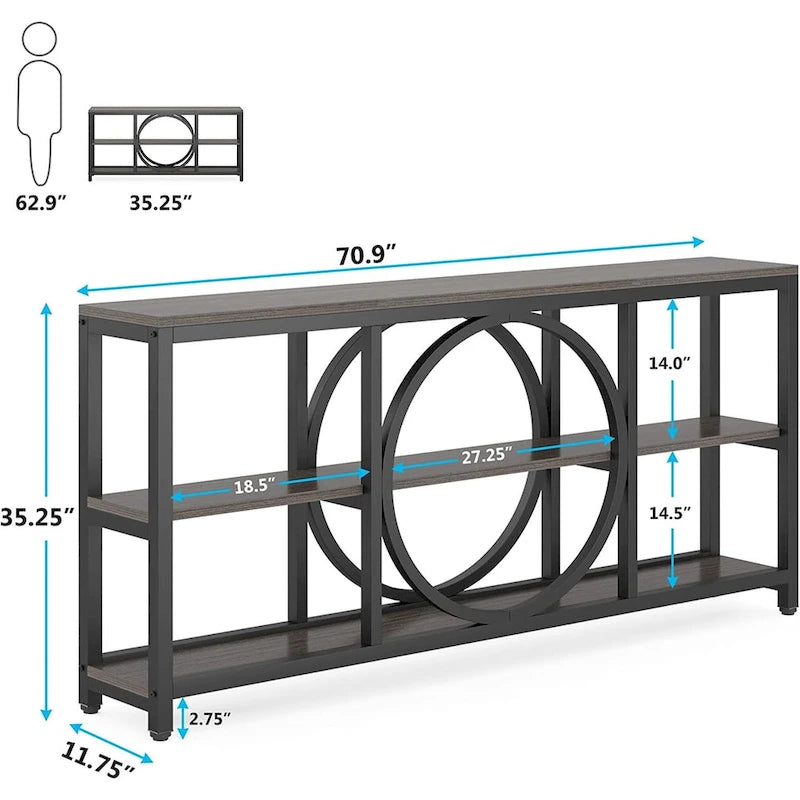 70.9 Inch Sofa Console Table with 3-Tier Wood Storage Shelves and Industrial Metal Frame
