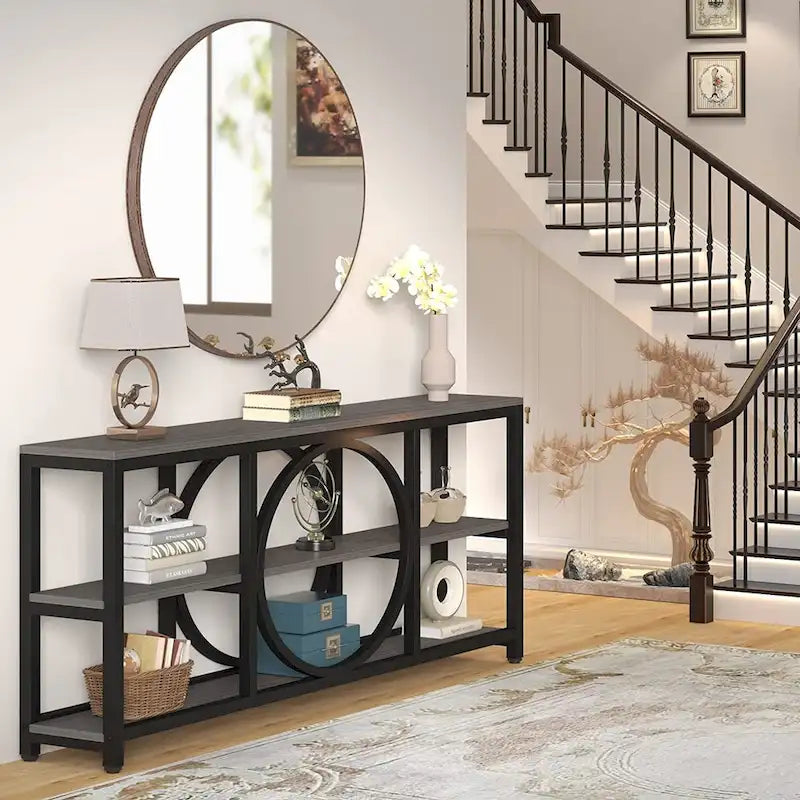 70.9 Inch Sofa Console Table with 3-Tier Wood Storage Shelves and Industrial Metal Frame