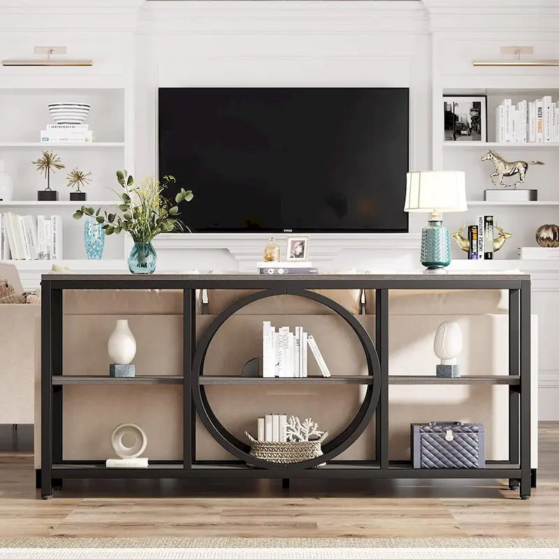 70.9 Inch Sofa Console Table with 3-Tier Wood Storage Shelves and Industrial Metal Frame