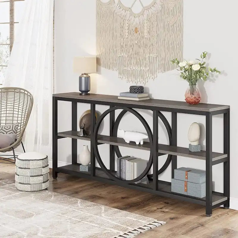 70.9 Inch Sofa Console Table with 3-Tier Wood Storage Shelves and Industrial Metal Frame