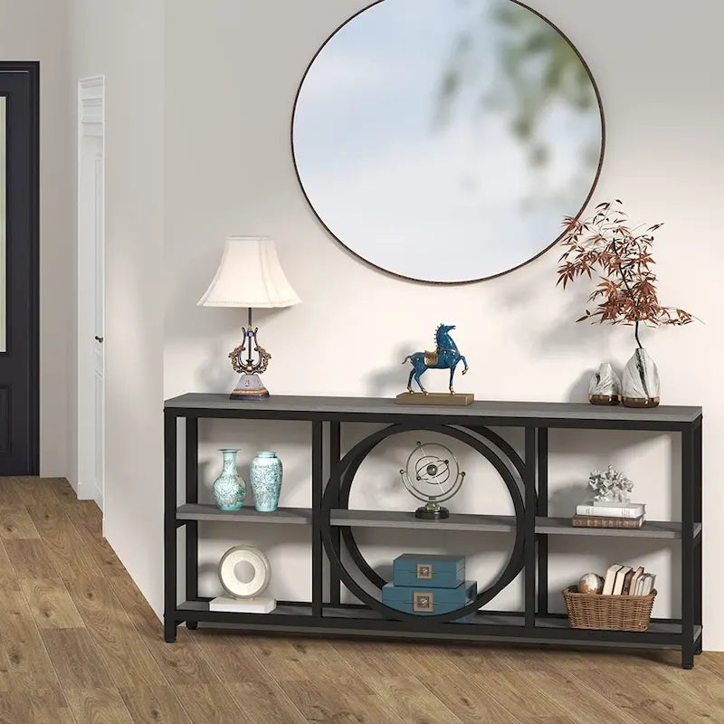 70.9 Inch Sofa Console Table with 3-Tier Wood Storage Shelves and Industrial Metal Frame