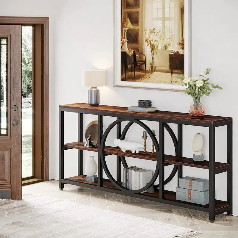 70.9 Inch Sofa Console Table with 3-Tier Wood Storage Shelves and Industrial Metal Frame