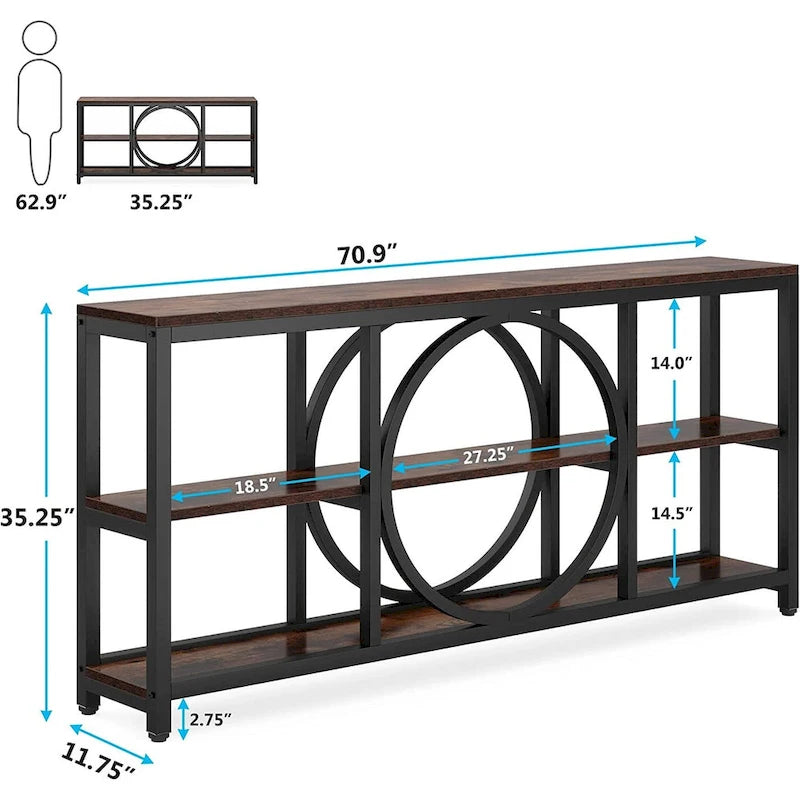 70.9 Inch Sofa Console Table with 3-Tier Wood Storage Shelves and Industrial Metal Frame