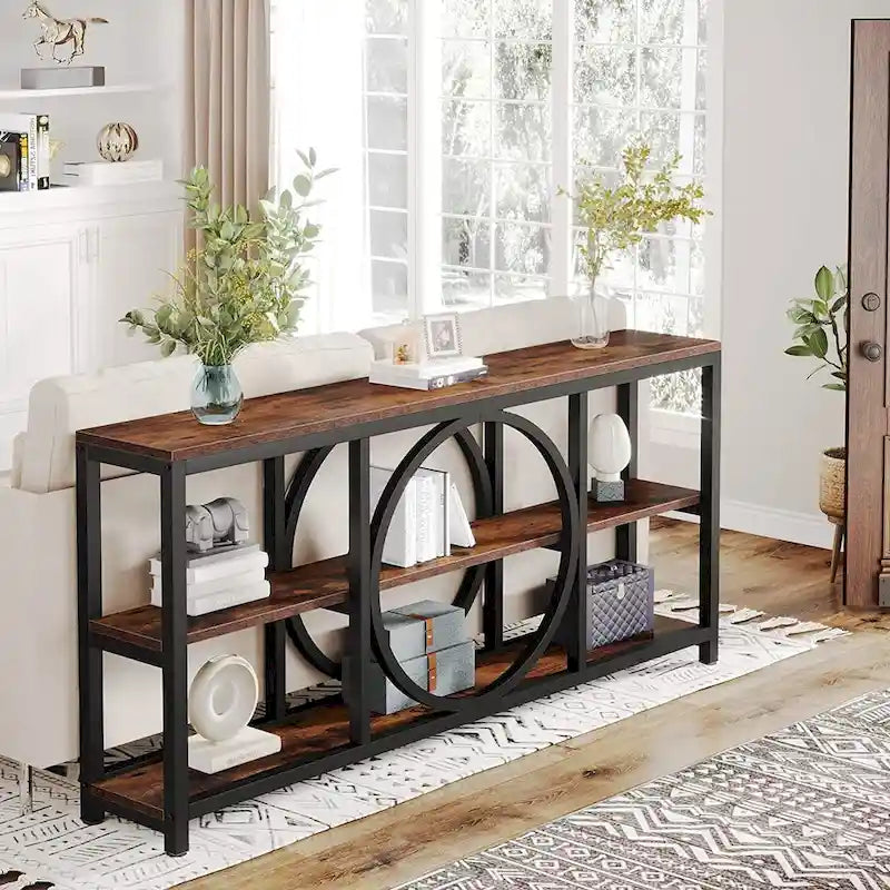 70.9 Inch Sofa Console Table with 3-Tier Wood Storage Shelves and Industrial Metal Frame
