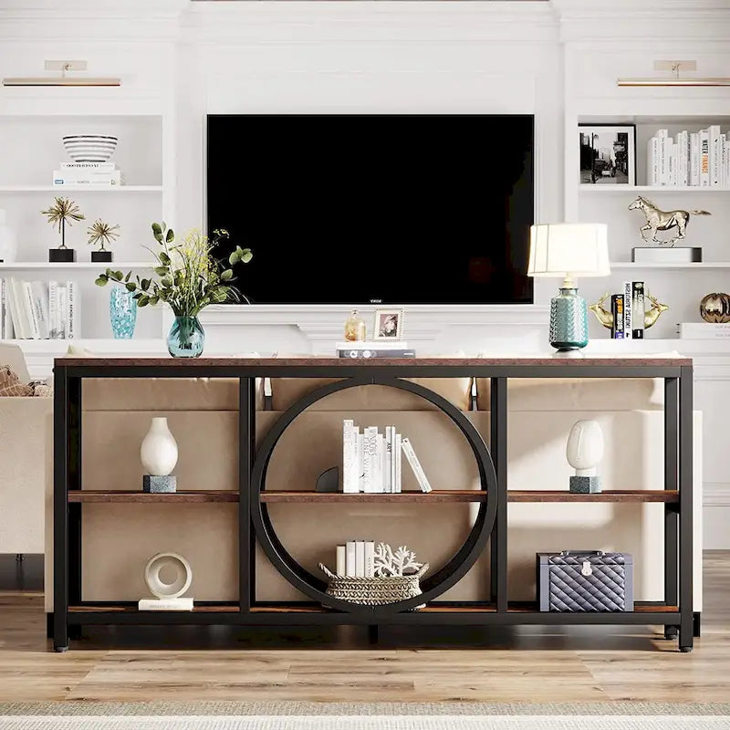 70.9 Inch Sofa Console Table with 3-Tier Wood Storage Shelves and Industrial Metal Frame