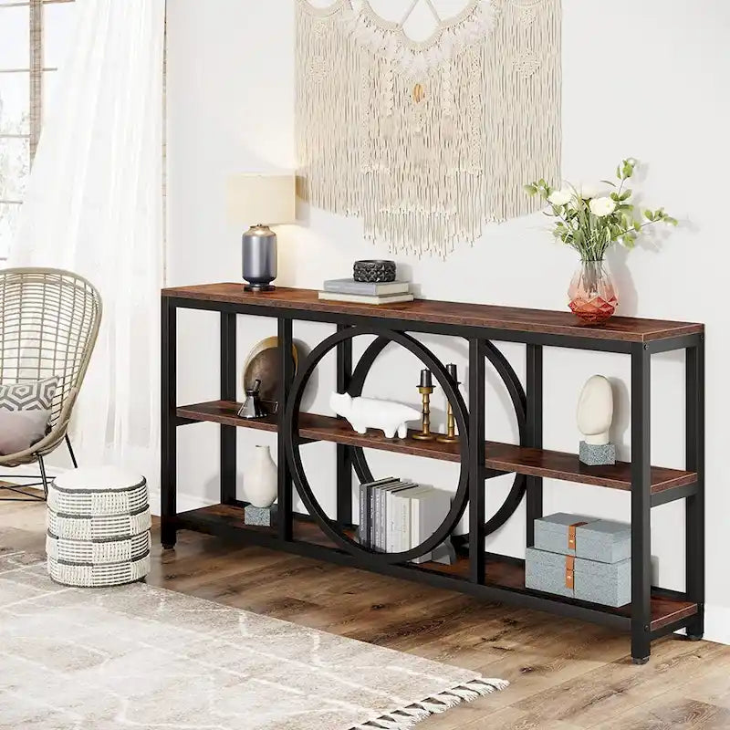 70.9 Inch Sofa Console Table with 3-Tier Wood Storage Shelves and Industrial Metal Frame