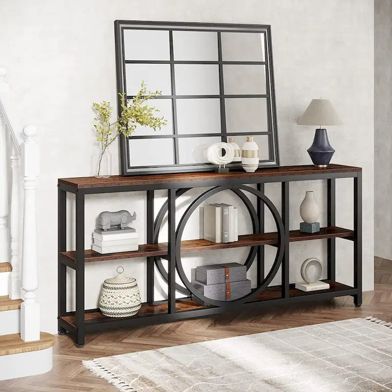 70.9 Inch Sofa Console Table with 3-Tier Wood Storage Shelves and Industrial Metal Frame