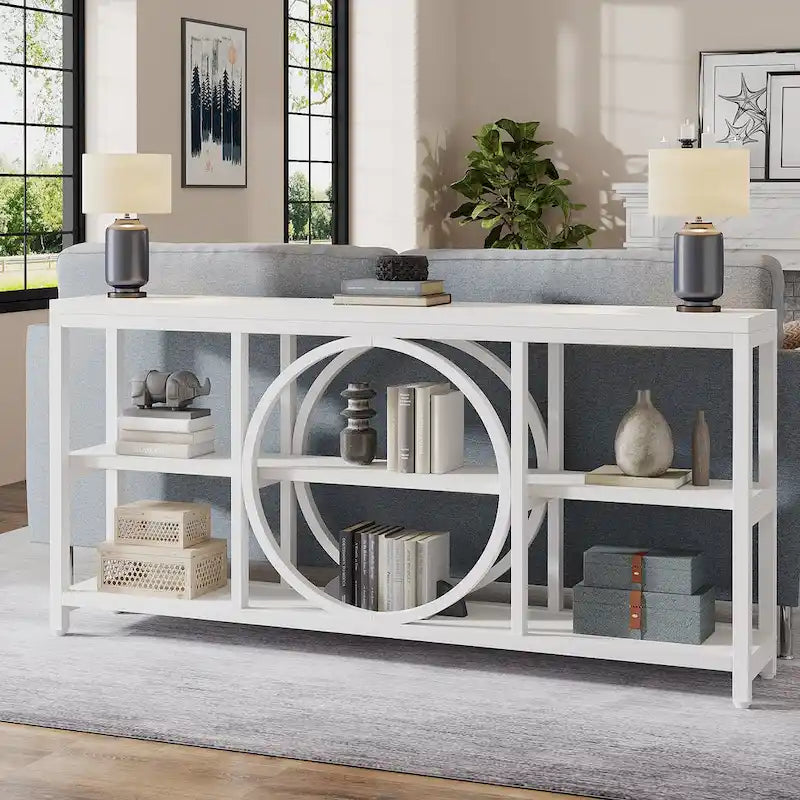 70.9 Inch Sofa Console Table with 3-Tier Wood Storage Shelves and Industrial Metal Frame