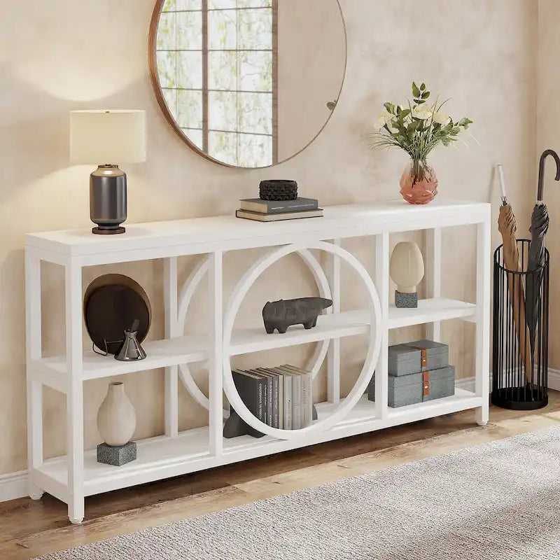 70.9 Inch Sofa Console Table with 3-Tier Wood Storage Shelves and Industrial Metal Frame