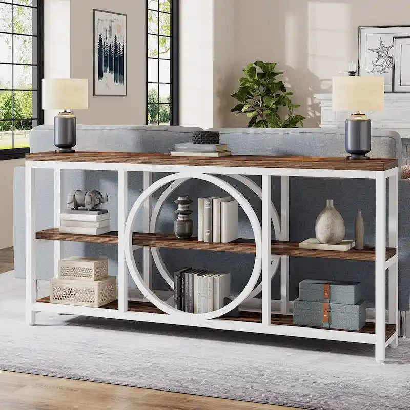 70.9 Inch Sofa Console Table with 3-Tier Wood Storage Shelves and Industrial Metal Frame