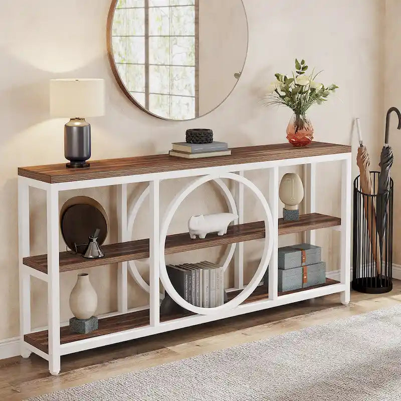 70.9 Inch Sofa Console Table with 3-Tier Wood Storage Shelves and Industrial Metal Frame