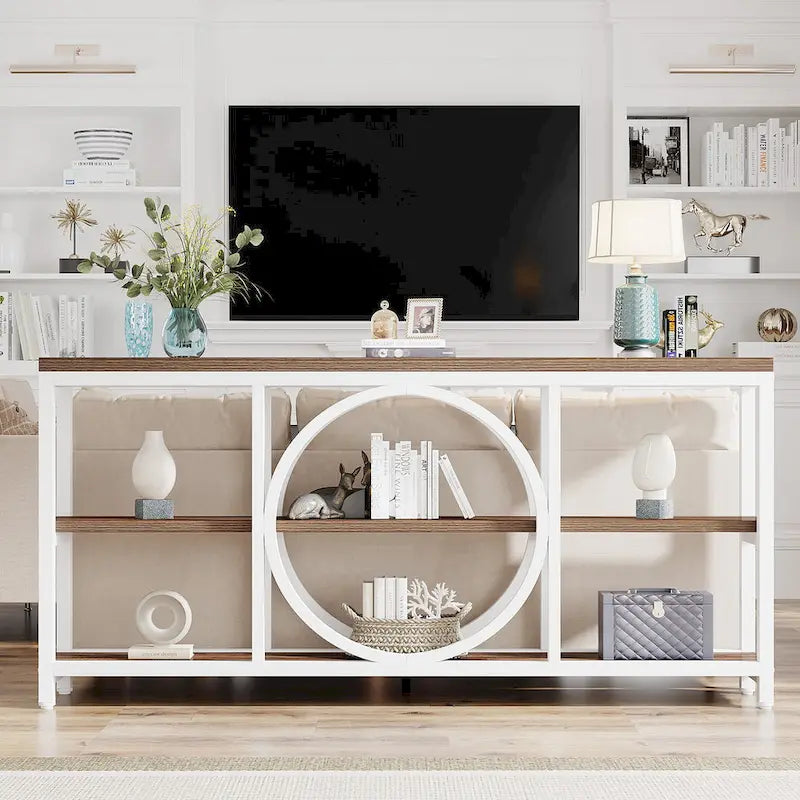 70.9 Inch Sofa Console Table with 3-Tier Wood Storage Shelves and Industrial Metal Frame