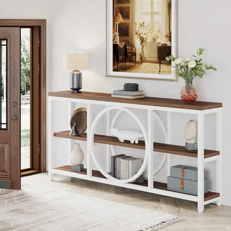 70.9 Inch Sofa Console Table with 3-Tier Wood Storage Shelves and Industrial Metal Frame