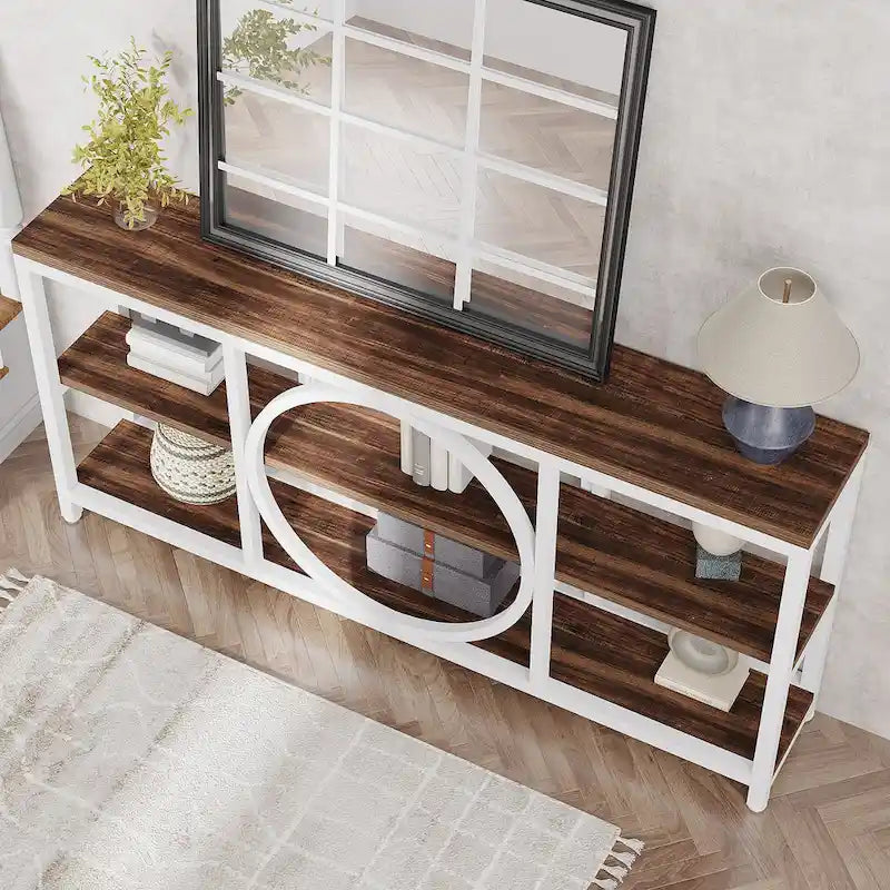 70.9 Inch Sofa Console Table with 3-Tier Wood Storage Shelves and Industrial Metal Frame