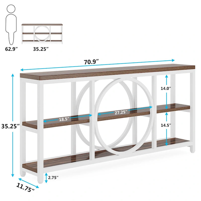 70.9 Inch Sofa Console Table with 3-Tier Wood Storage Shelves and Industrial Metal Frame