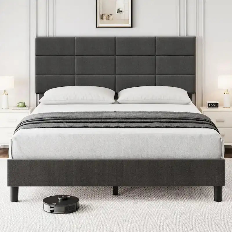Linen Upholstered Bed Frame with Solid Wooden Slats