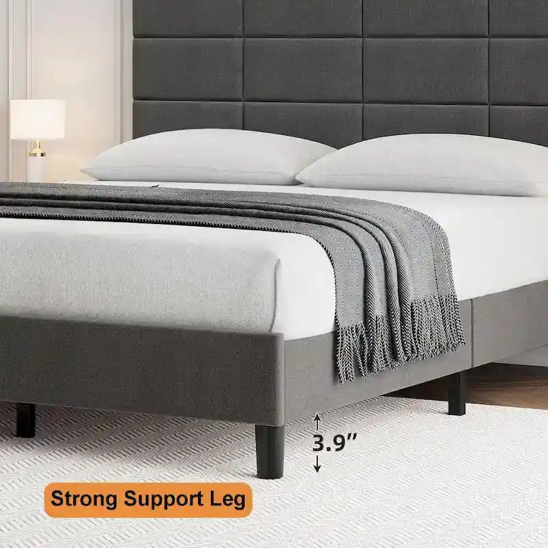 Linen Upholstered Bed Frame with Solid Wooden Slats