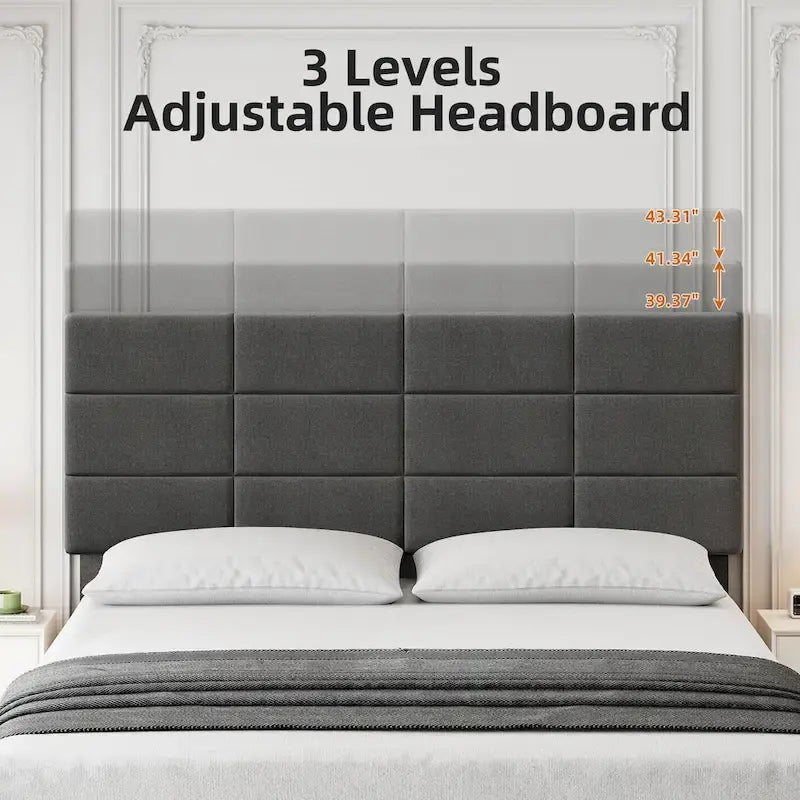 Linen Upholstered Bed Frame with Solid Wooden Slats