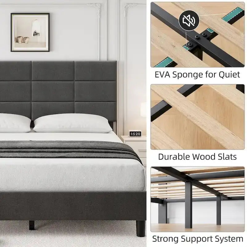 Linen Upholstered Bed Frame with Solid Wooden Slats