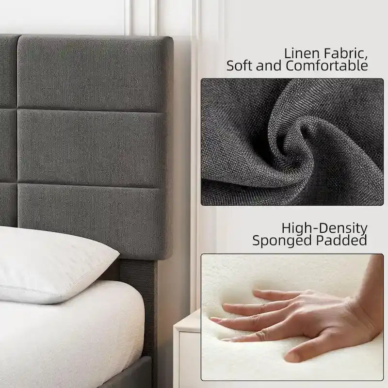 Linen Upholstered Bed Frame with Solid Wooden Slats