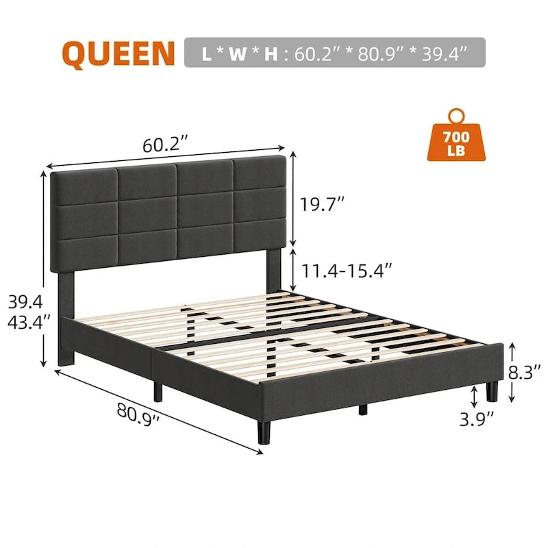 Linen Upholstered Bed Frame with Solid Wooden Slats