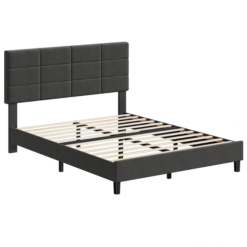 Linen Upholstered Bed Frame with Solid Wooden Slats