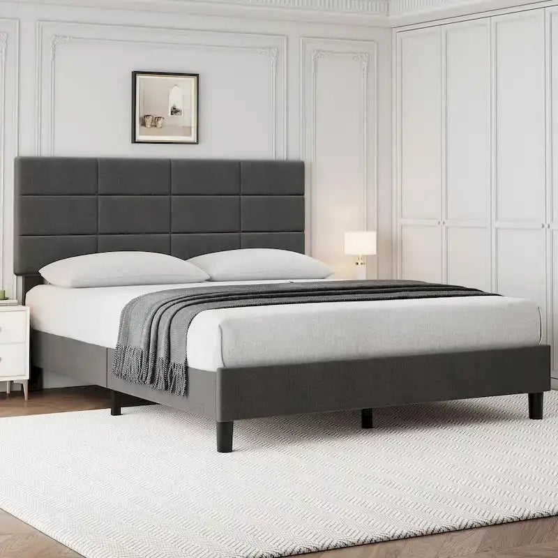 Linen Upholstered Bed Frame with Solid Wooden Slats