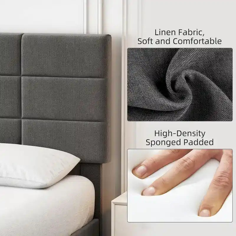 Linen Upholstered Bed Frame with Solid Wooden Slats