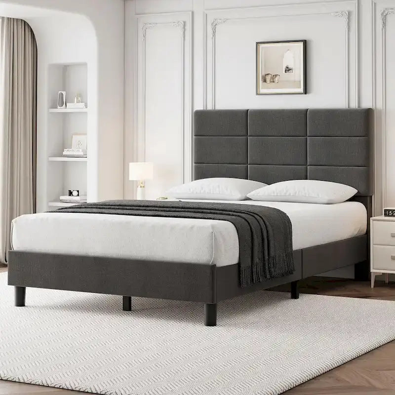 Linen Upholstered Bed Frame with Solid Wooden Slats