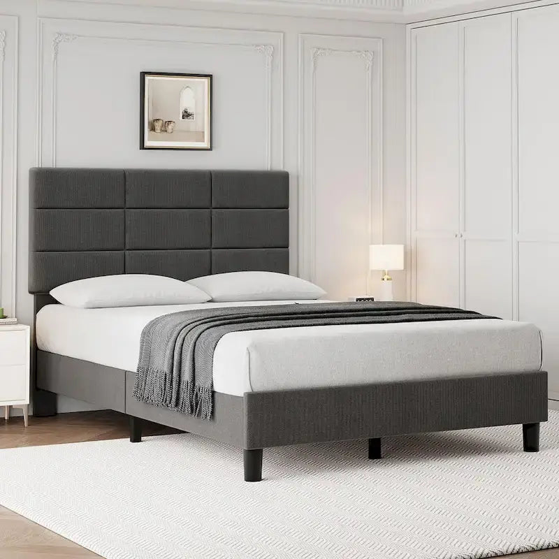 Linen Upholstered Bed Frame with Solid Wooden Slats